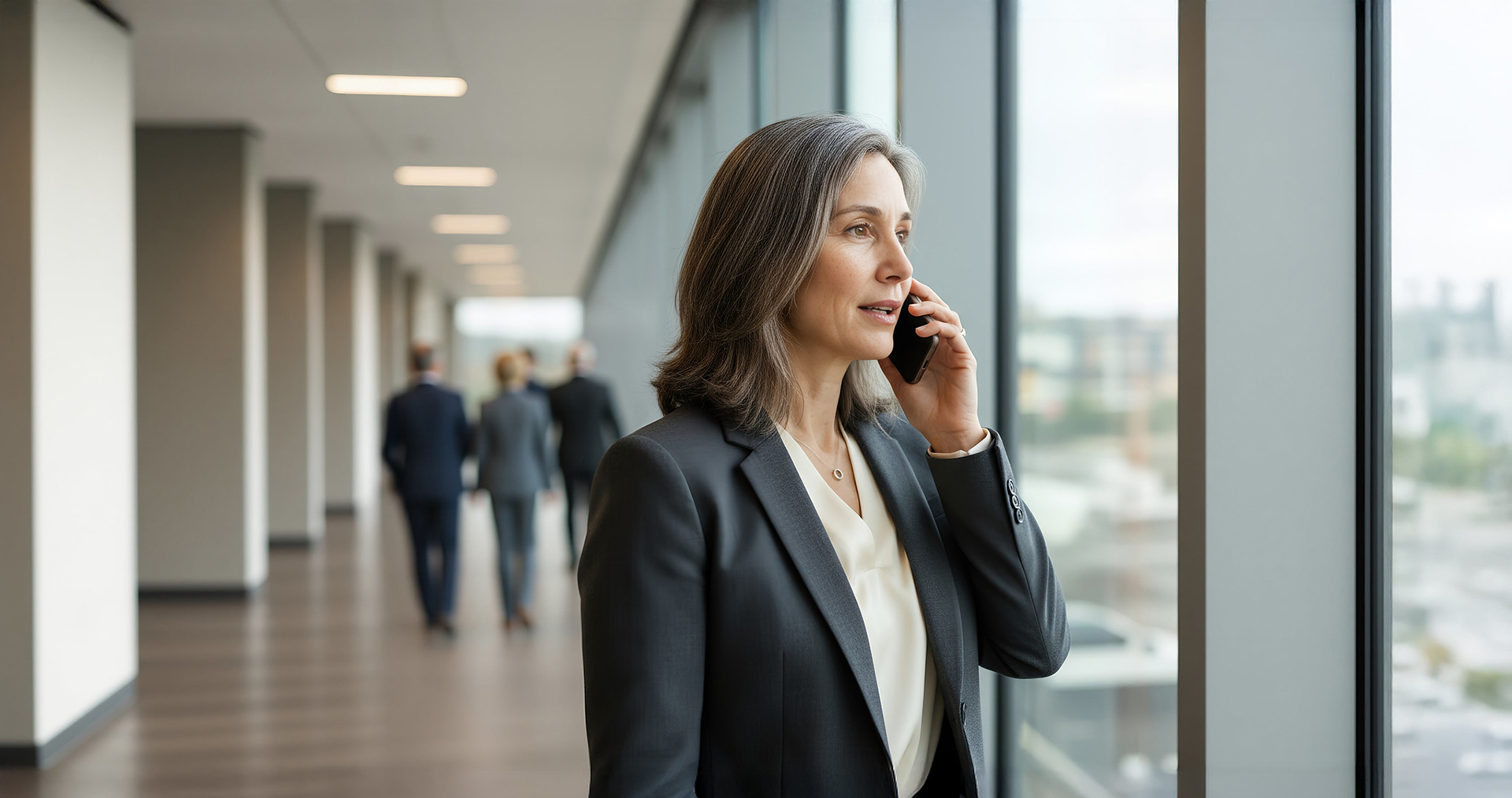 Women in hallway talking on her phone